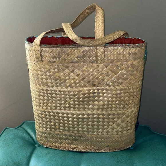 Vintage oversized large gorgeous turquoise blue flower raffia basket beachy bag - Picture 8 of 14